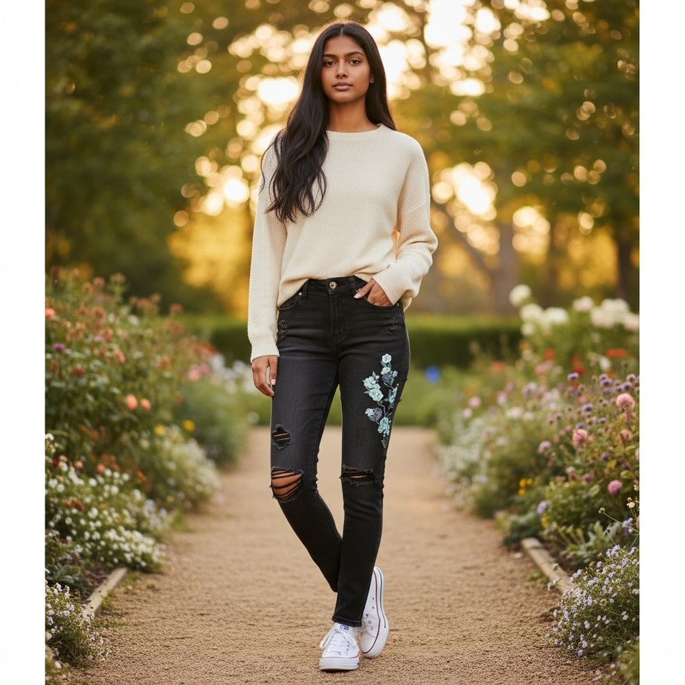 Blue‎ Spice Black Jeans with Blue Floral Embroidery Sz.3